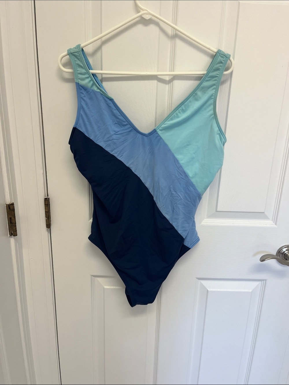 Talbots Colorblock V-Neck One-Piece Swimsuit in Navy and Light Blue